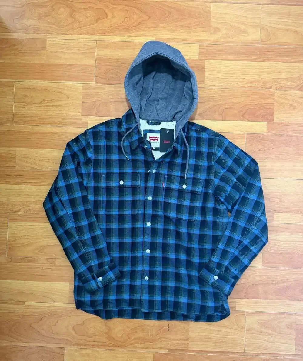 Levi's Men's Francisco Sherpa Lined Flannel Jacket with Jersey Hood Blue Plaid
